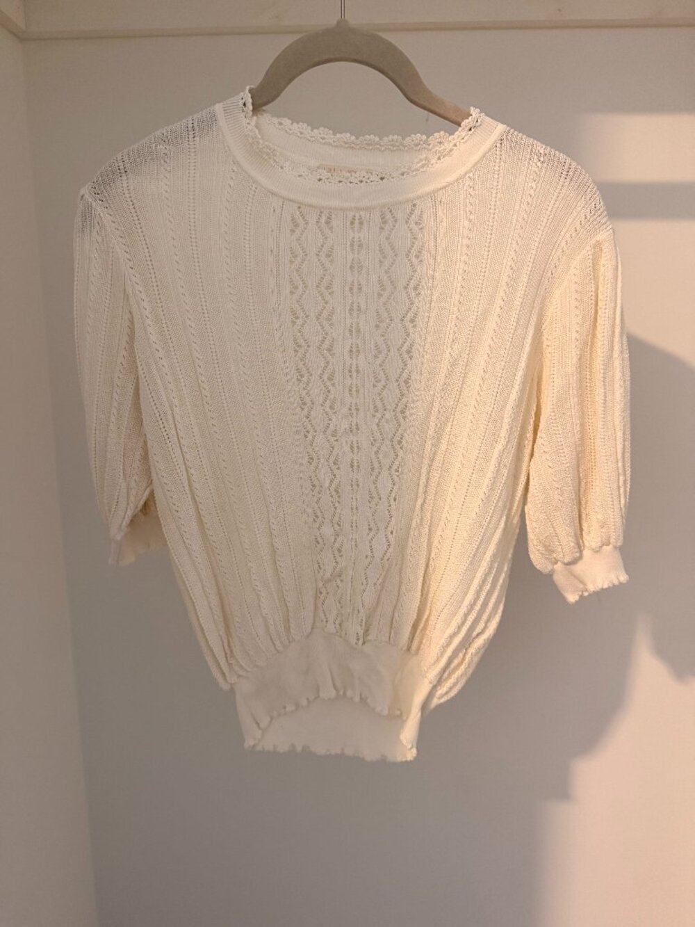 Ulla Johnson Ivory Pointelle Knit Puff-Sleeve Top